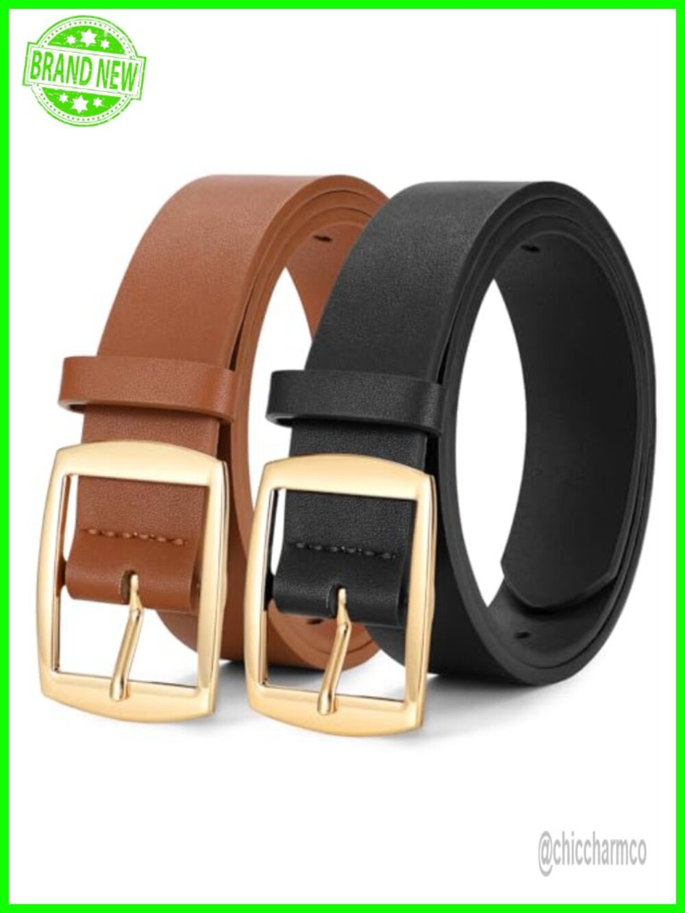 2 Pack PU Leather Belts for Women Gold Pin Buckle Adjustable Waistband